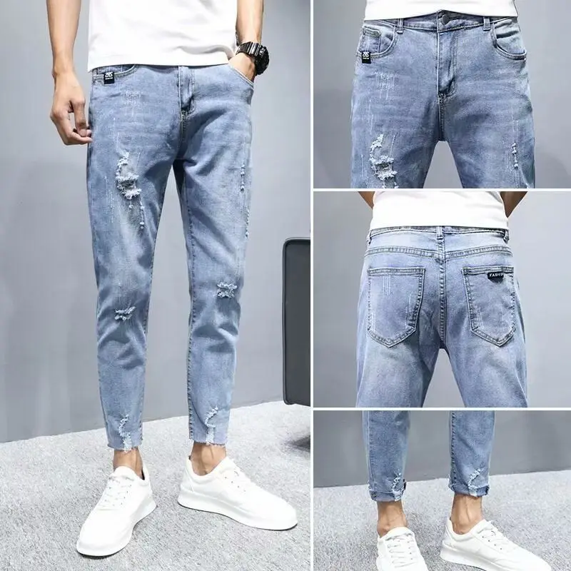 2021 new perforated men's Korean slim fit youth elastic Leggings trend versatile men's  Straight FULL Length Ankle-length Pants