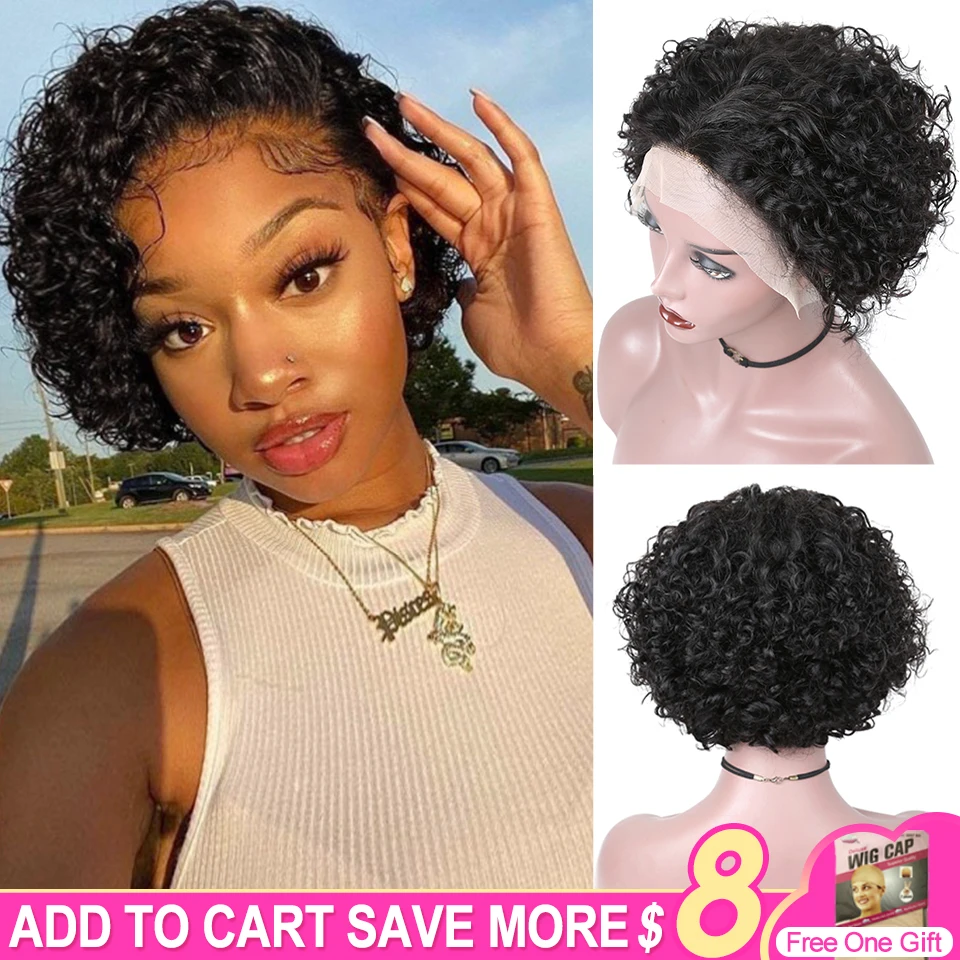 

Funmi Curly Short Human Hair Wigs For Black Women Pixie Cut Wig 13X1+1X6 T Part Lace Wig Human Hair Brazilian Hair Wigs Curly