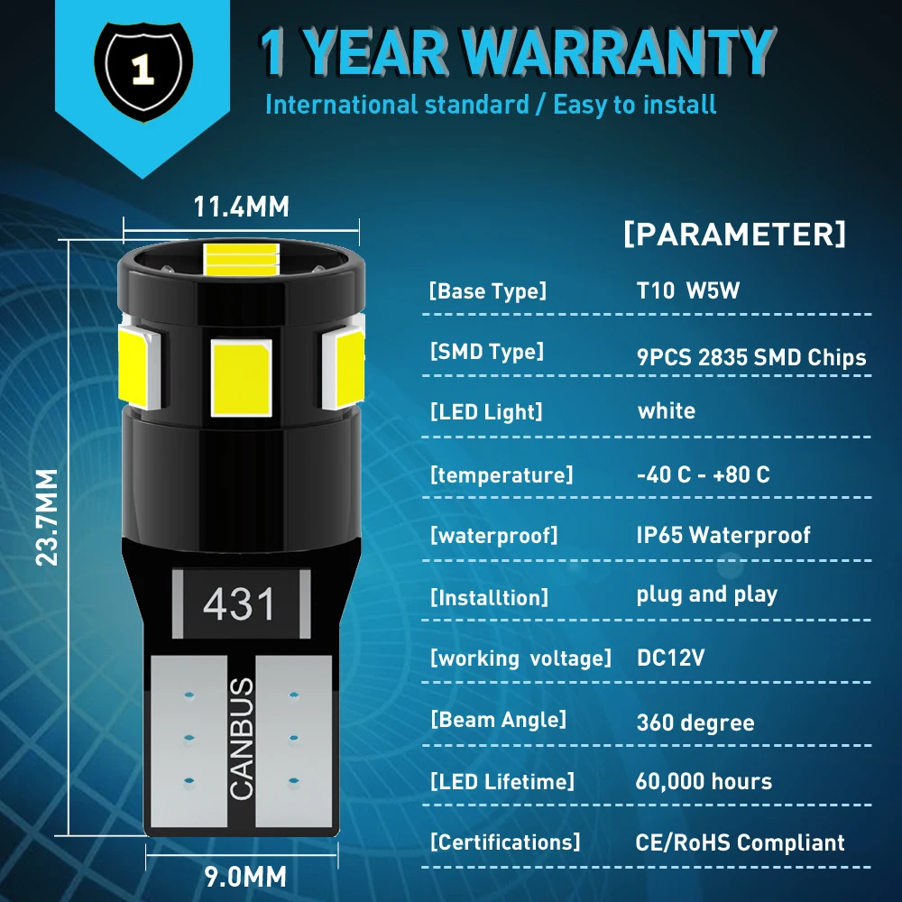 Набор светодиодных габаритных светильник ней T10 W5W 192 для автомобилей Renault Duster Megane