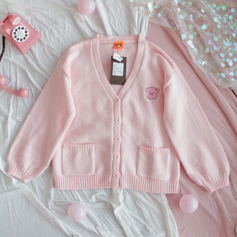 

2021 Autumn New Japanese Kawaii Sweater Women V Neck Long Sleeve Preppy Style Cardigan Vintage Sweet Cartoon Embroidery Cardigan