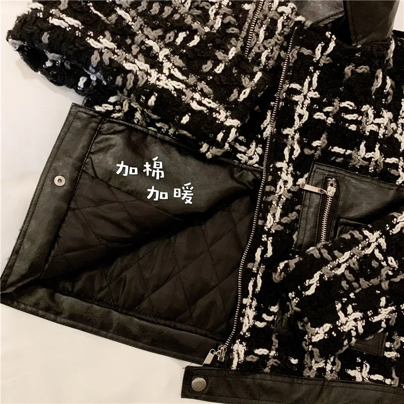 Женское черное клетчатое пальто куртка из искусственной кожи на молнии с большим