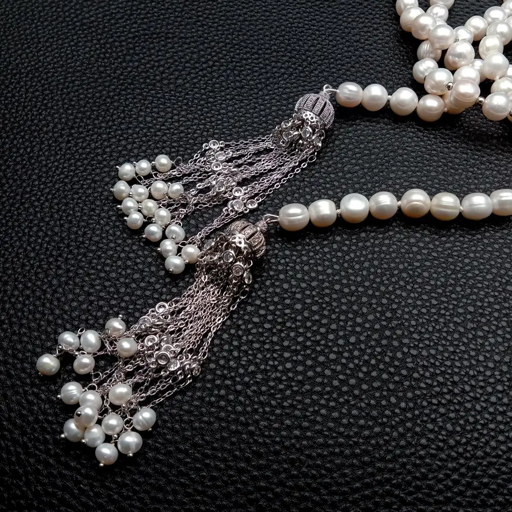 Длинное ожерелье YYGEM длинная цепочка 9-10 мм с пресноводным культивированным Белым