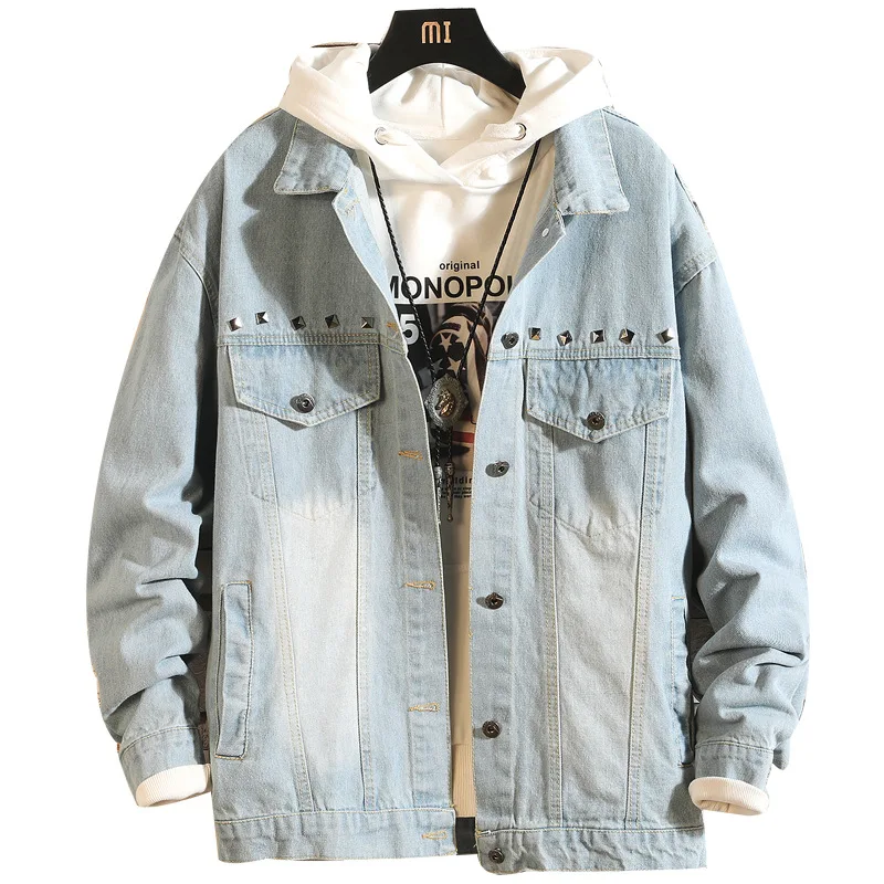 

Куртка джинсовая унисекс с длинным рукавом, парная приталенная с принтом и заклепками, Модная молодежная уличная одежда, черная, светло-гол...