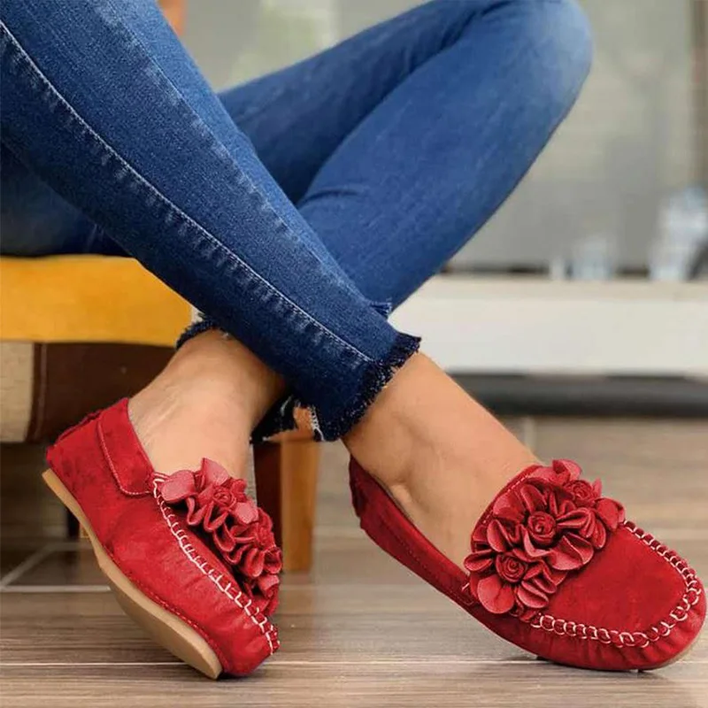 

Retro Women Moccasin Flower Appliques Flat Rubber Sole Suded Handmade Sewing Causal Fashion Lazy Shoes Slip on Comfort Whosale