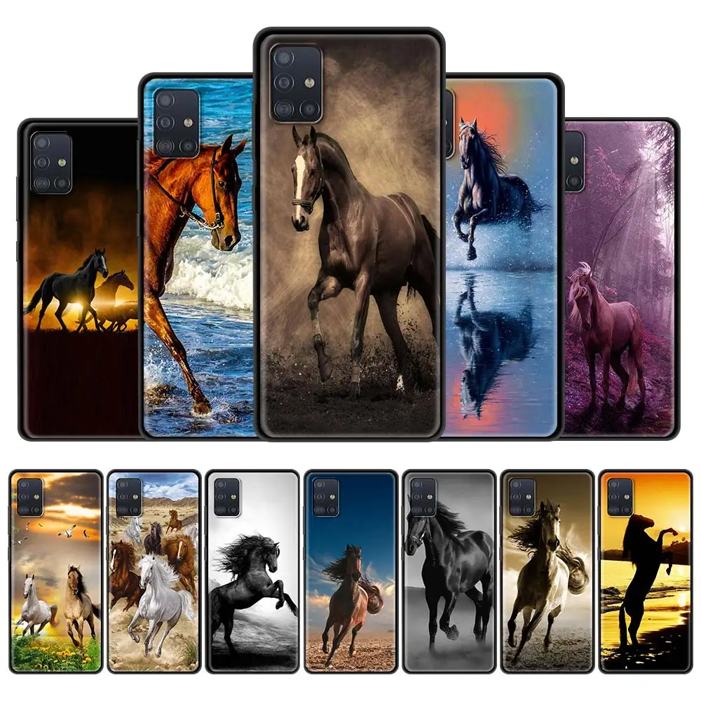 

For Samsung Galaxy A51 A71 A21s A31 A12 A41 M31 M51 Phone Case A52 A32 A11 M30s A42 A01 Black Soft Cover A Running Horse Shell