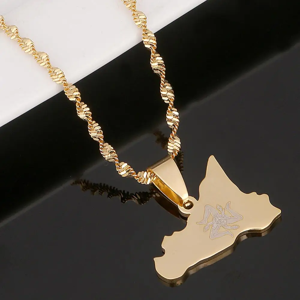 Ожерелье с подвеской в виде карты Сицилии из нержавеющей стали золотистого цвета