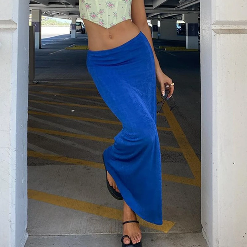 Y2K-Falda Midi ajustada de cintura alta para mujer, Falda de tubo azul y verde, elegante, ropa de calle de moda para verano