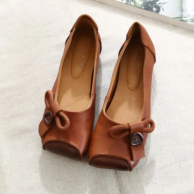 

2021 Autumn Low Heels Women Leather Shoes Square toe Comfortable Mum's Shoe Female Footware Brown Black Coffee