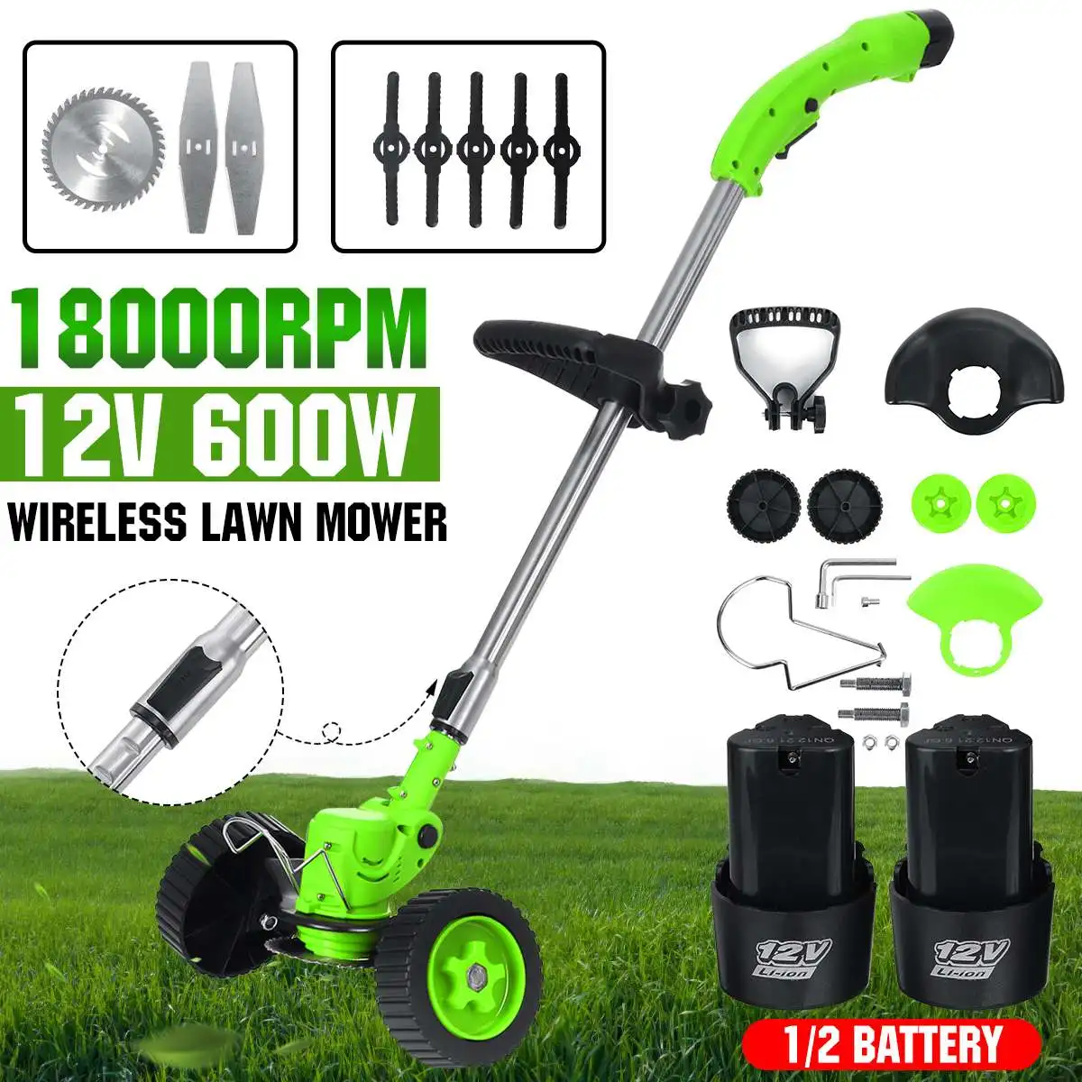 600W Powerful Electric Grass Trimmer Cutter Weeder Lawn Mower Cordless Cutting Machine Garden Tool With 2PC 18VF Li-ion Battery