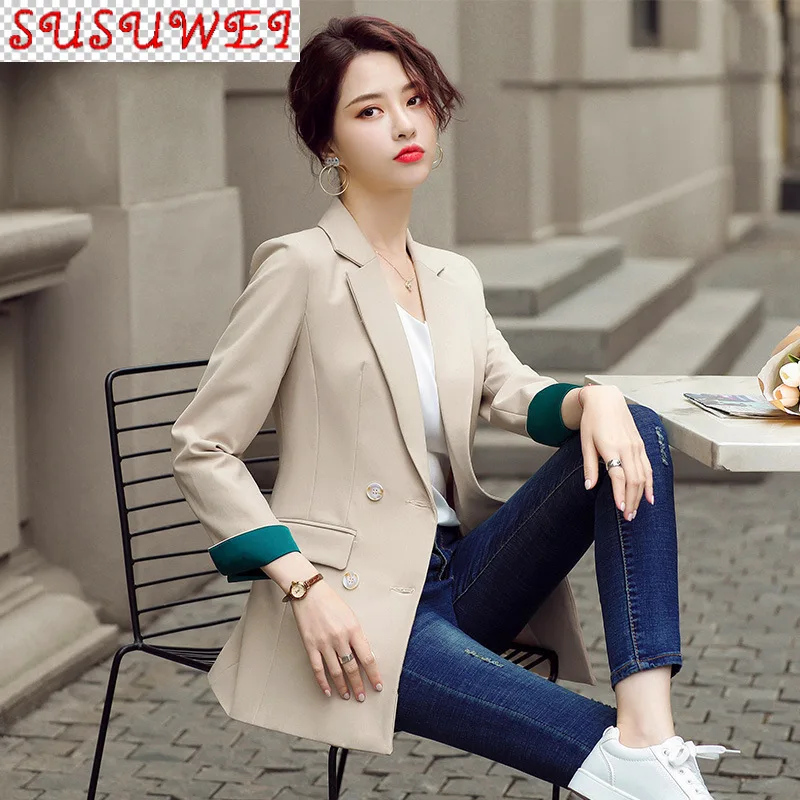 

Осень 2021 для женщин Высокое качество Женский блейзер офисная Повседневная двубортная сплошной цвет Женская куртка, модный костюм для занят...