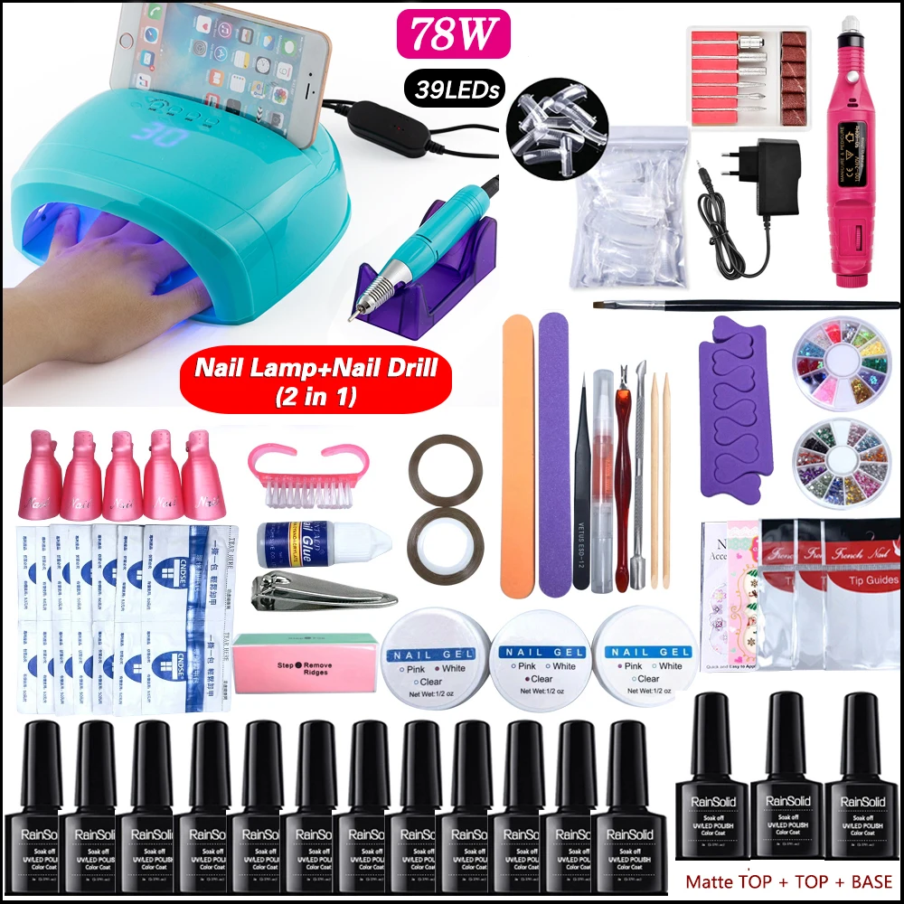 

Аппарат маникюрный 2-в-1 со светодиодной лампой для ногтей 78 Вт, 18000 об/мин, 12 цветов, УФ-гель для ногтей набор инструментов