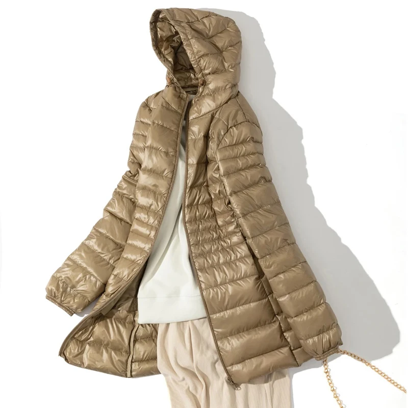 

7XL Ultra Light Fall Winter Woman White Duck Down Hooded Long Jacket Female Overcoat Slim Solid Jackets Coat Portable Parkas