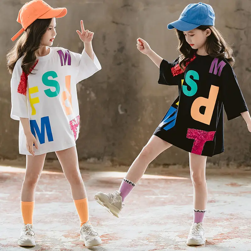 

2022 Children Letter Long T-Shirts Summer Tops Short Sleeve Clothing Kids Tees Dress for Girls 8 12 11 13 Years Clothing Teenage