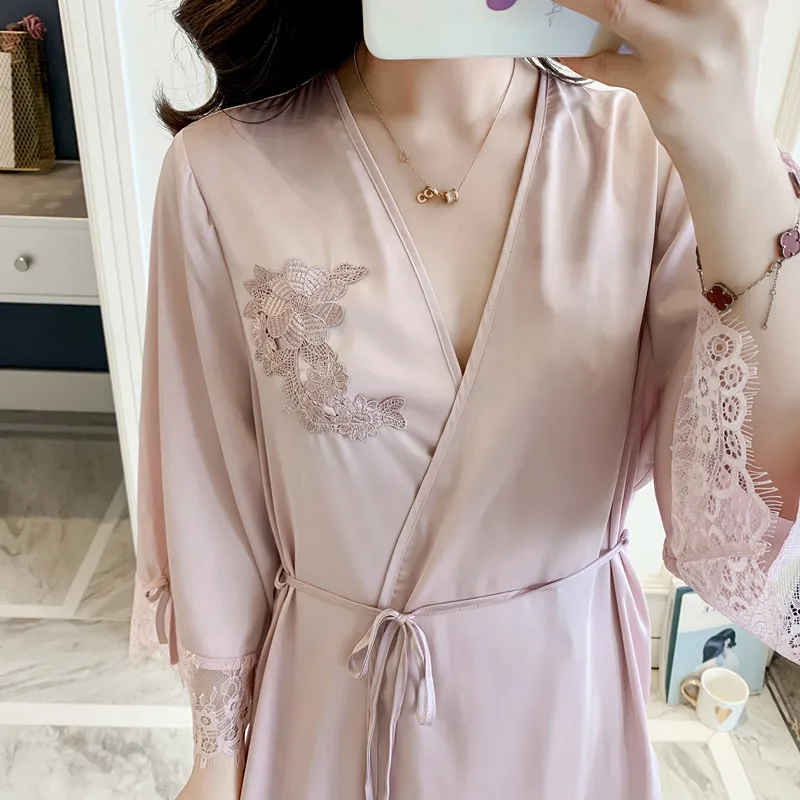 

Women Kimono Bathrobe Gown Lace Patchwork 3PCS Robe Set Satin Nightgown Sleepwear Sexy Intimate Lingerie Home Clothes Nightwear