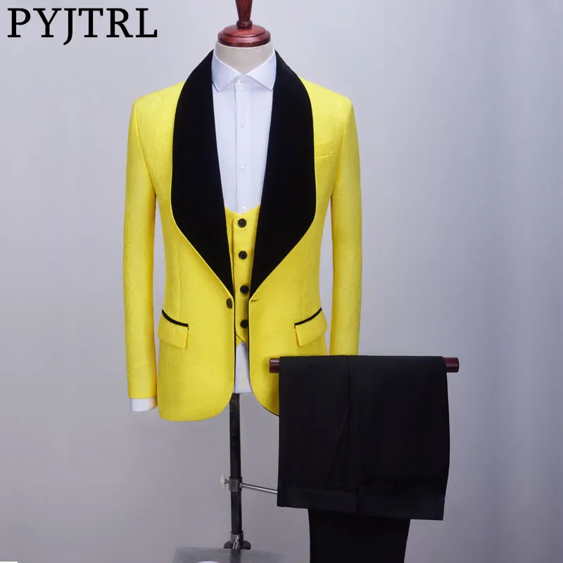 PYJTRL новые мужские s штук набор желтый жаккард Цветочные костюмы свадебные жениха