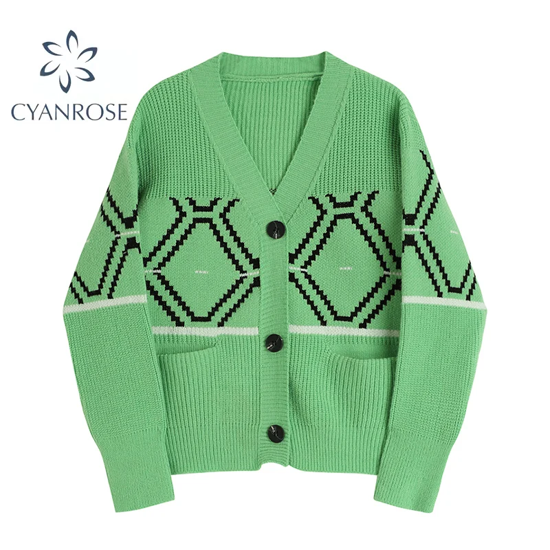 Кардиган женский трикотажный в клетку с длинным рукавом и ромбовидным узором