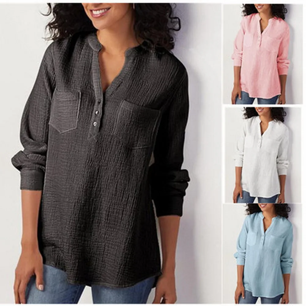 

New Long sleeve shirt spring autumn solid color V-neck pocket cotton linen loose plus size blouse women camisas de mujer y2k