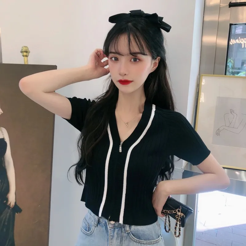 

Knitted Ladies Tops Summer Zipper V-neck Short Sleeve Women Clothing Thin Slim Korean Casual Tees Ins Hipster T Shirts Patchwork