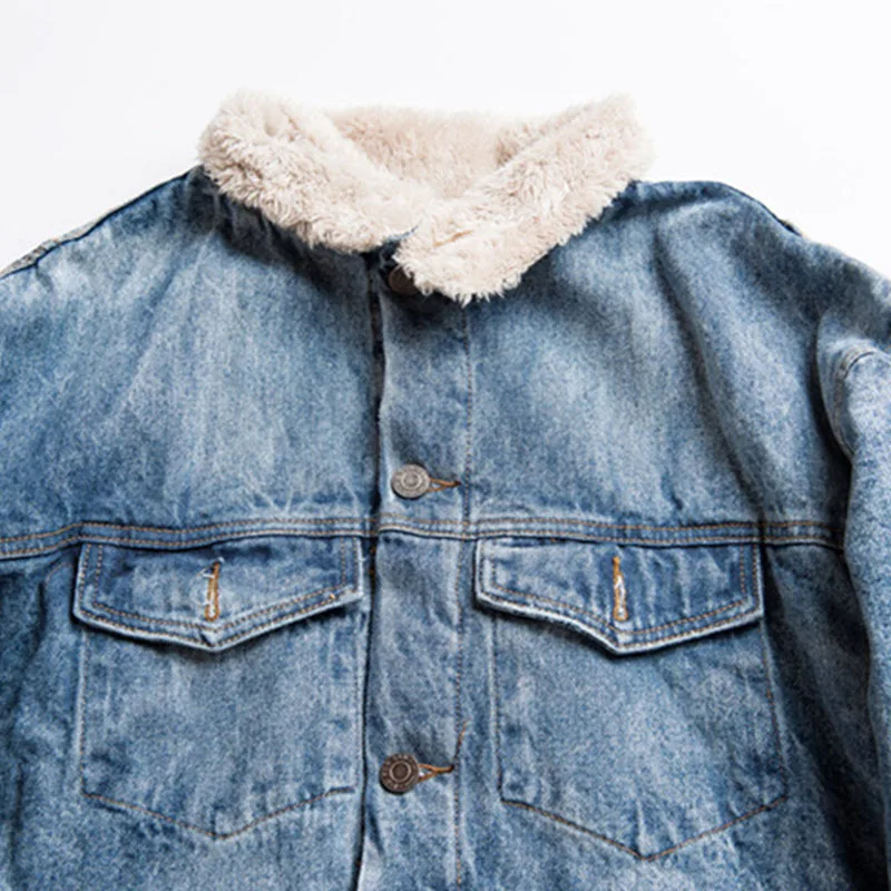 Трендовая Мужская джинсовая ветровка средней длины бархатная теплая зимняя