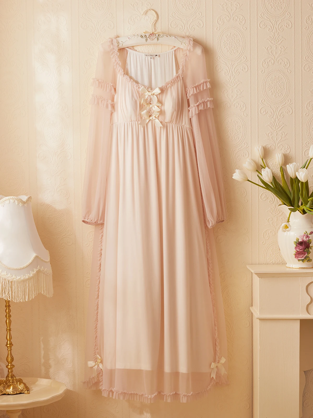 

Princess Style Nightdress Women's Spring and Summer Thin Long Sleeve Pajamas with Bow Sweet Lace Sexy Fairy Long Dress Nightgown