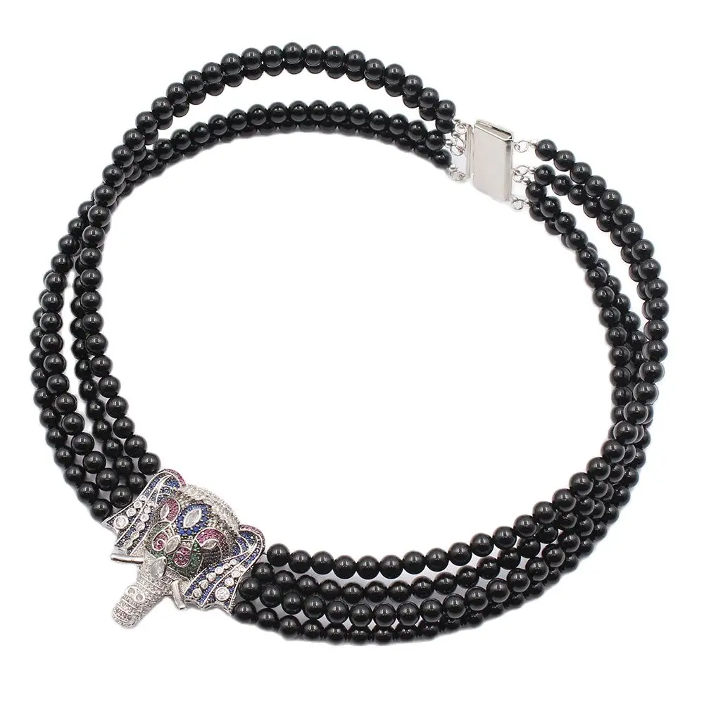 

GG Jewelry 18''-21'' 4 Strands Onyx Necklace CZ Elephant Pendant For Women