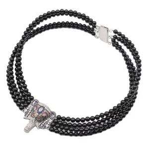 GG Jewelry 18''-21'' 4 Strands Onyx Necklace CZ  Elephant Pendant For Women