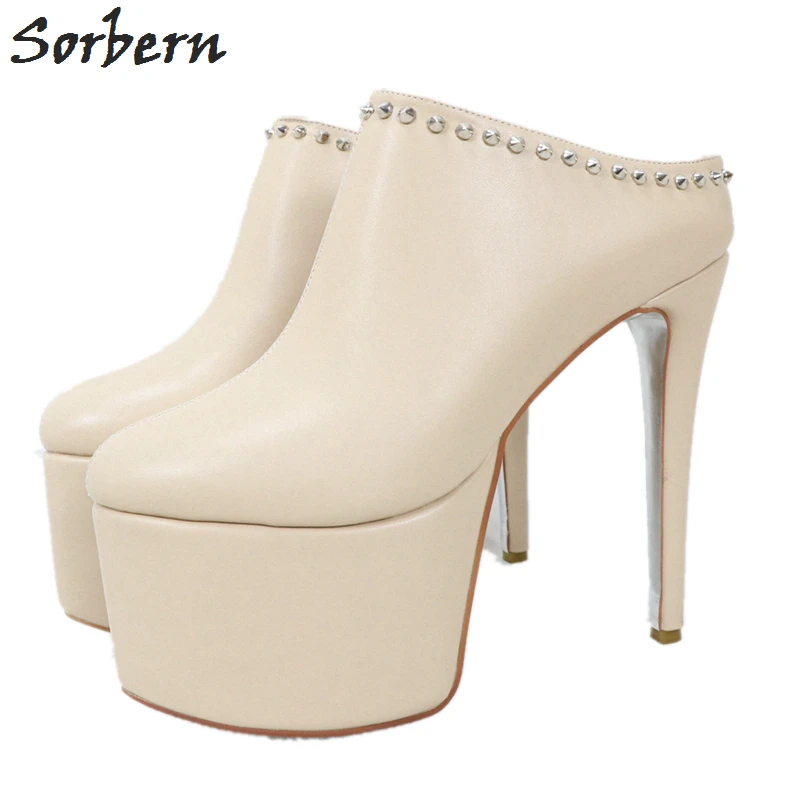 

Sorbern Nude Rivet Mules High Heels Studs Pump Shoes Slip On Pointy Toe Female Shoes Platform Heels Big Size Custom Colors