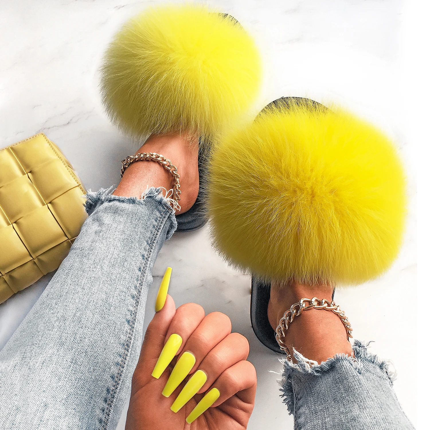 

New Fashion Women Summer Real Fox Fur Cute Fluffy Slippers Sweet Plush Ladies Party Beach Hot Slides