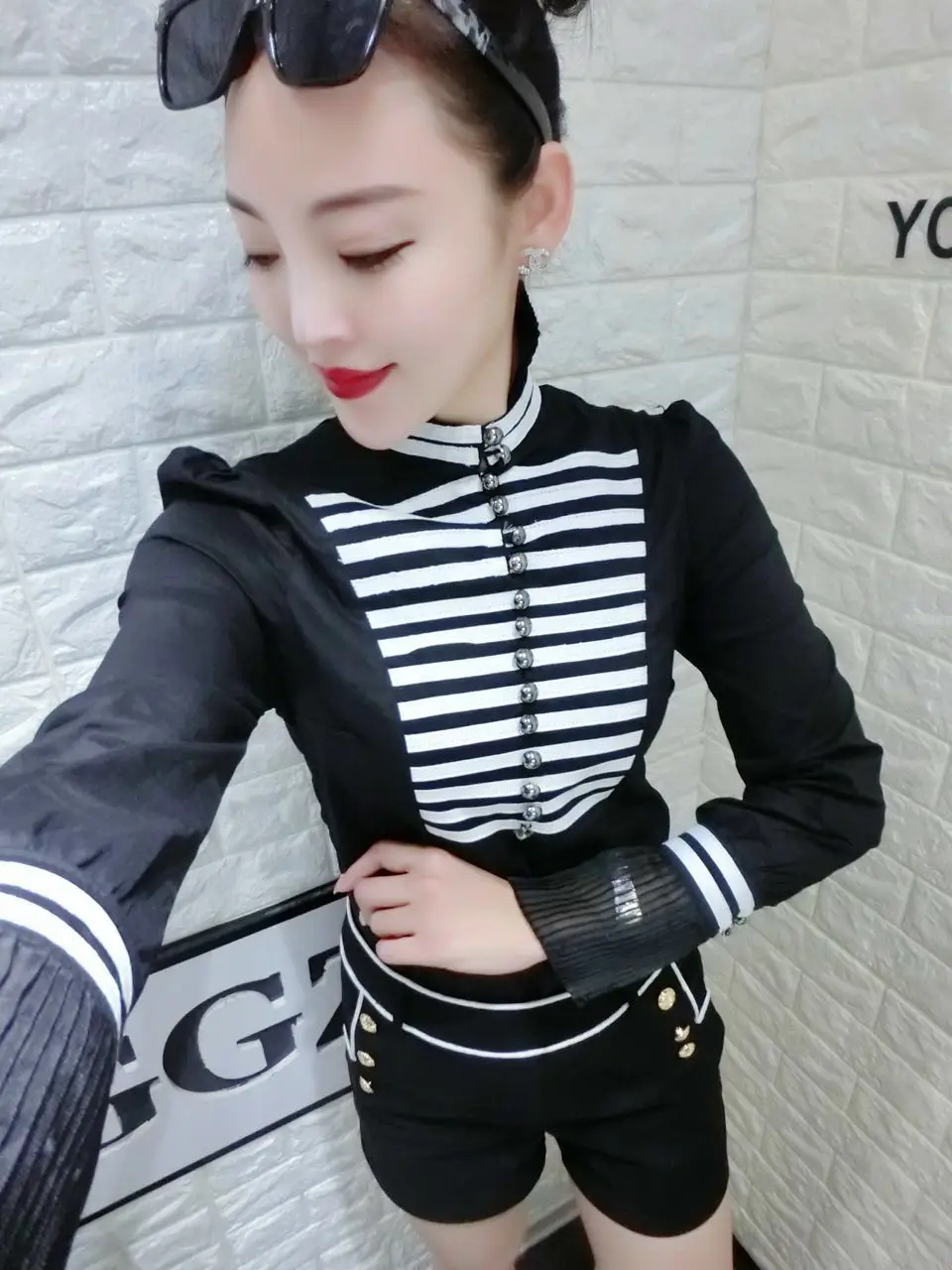 Женская хлопковая рубашка в полоску с длинным рукавом и воротником стойкой|cotton