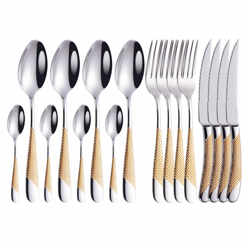 

16pcs Gold Dinnerware Stainless Steel Knife Fork Spoon Cutlery Set Kitchen Mirror Complete Tableware Set Flatware Set Wholesale