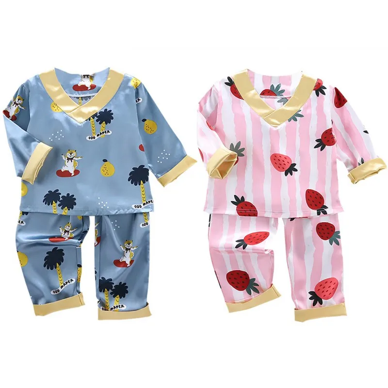 

Kids Baby Boys Girls Nightgown Long Sleeve Children's Cartoon Printed Silk Pajamas Sets