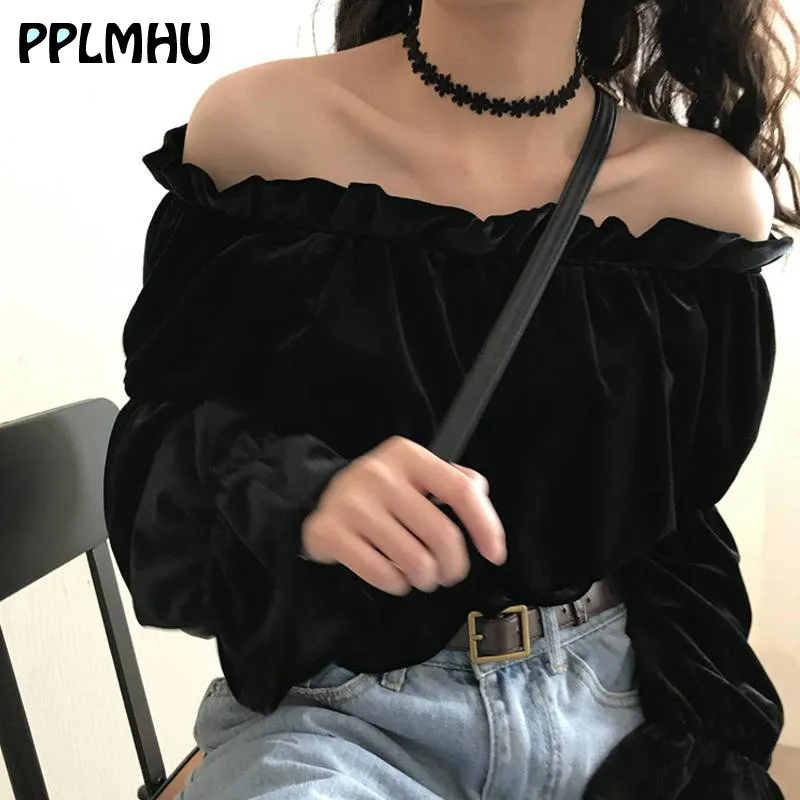 Сексуальная Женская бархатная рубашка с открытыми плечами и оборками модные
