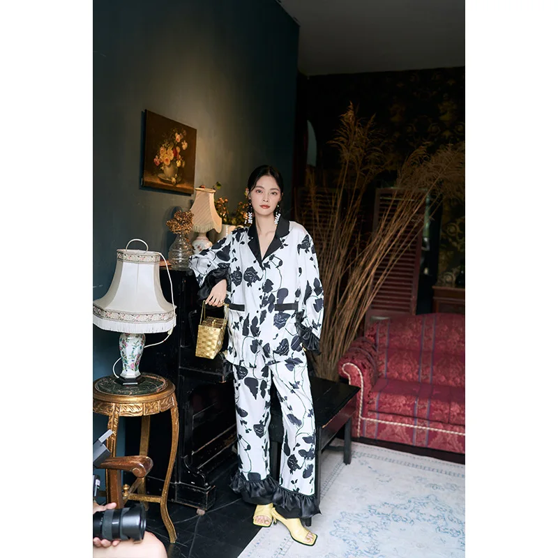 Platycodon flower ice silk pajamas new long-sleeved trousers two-piece women pajamas