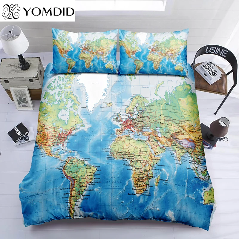 

World Map Duvet Cover Sets Map Geography Pattern Printed Bedding Set Duvet Cover With Pillowcases Twin/ Queen/ King Bedding Set