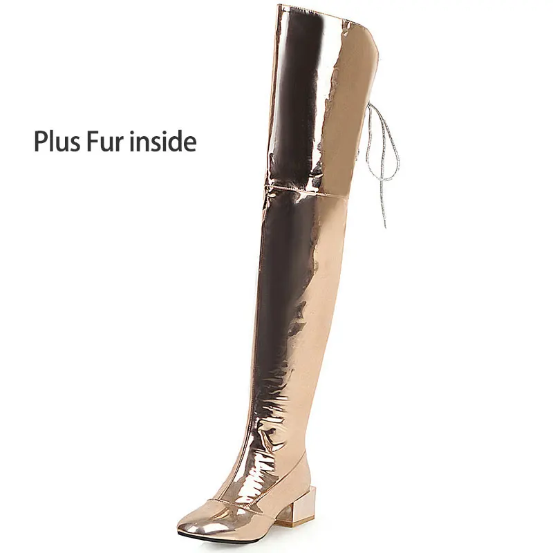 plus fur gold Lasyarrow/большие размеры 33-48; модные сапоги выше колена; женские сапоги на молнии с квадратным носком для выпускного вечера; ботинки с перекрестной шнуровкой; сезон осень-зима; - Цвет: plus fur gold