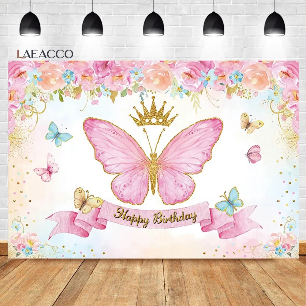 

Laeacco Pink Watercolor Floral Butterfly Happy Birthday Backdrop Royal Princess Girls Portrait Customized Photography Background