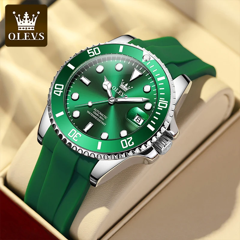 

Мужские автоматические механические часы OLEVS, светящиеся водонепроницаемые часы с зеленым циферблатом и календарем, 6650