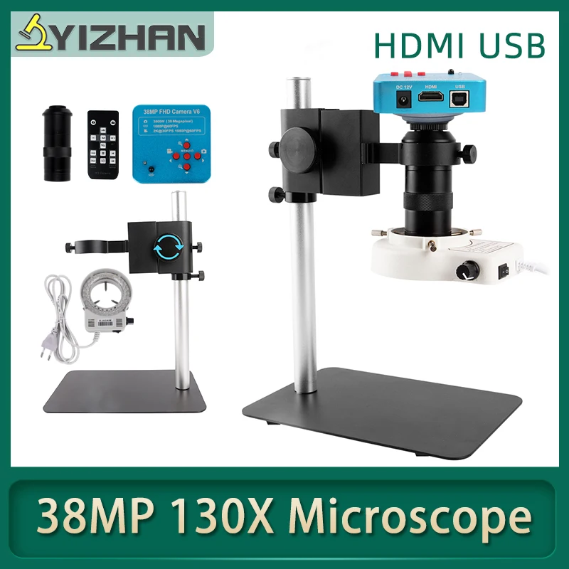 

60FPS Camera HDMI USB Microscope Set HD 38MP Industrial Microscope + NEWEST Metal Base + 130X C-Mount Lens + 56 LED Light Lamp