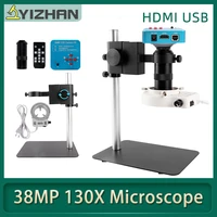 60fps camera hdmi usb microscope set hd 38mp industrial microscope newest metal base 130x c mount lens 56 led light lamp
