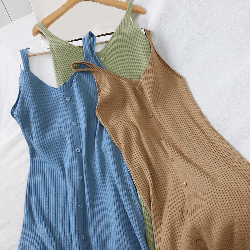 

Casual Korean Women Solid Spaghetti Strap Knitted Dress Summer Vintage V-Neck Elegant Ladies Slim Mid-Calf Dresses Vestidos