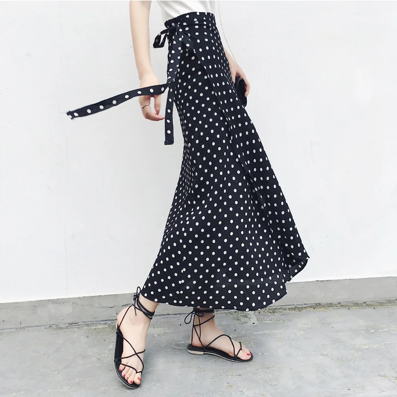 Женская юбка с высокой талией трапециевидная в горошек оборками длинная до