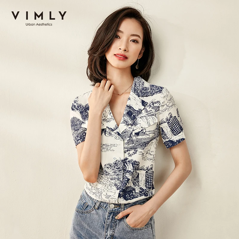 Лето 2020 Офисная женская шифоновая блузка Vimly в китайском стиле с принтом модные