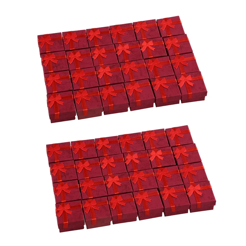 

48 Pcs Ring Earring Jewelry Display Gift Box Bowknot Square Case Red