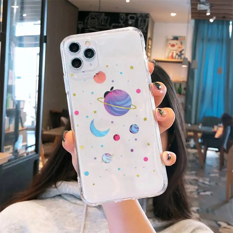 

Astronaut Space UFO Stars cute Phone Case Transparent for iPhone 6 7 8 11 12 s mini pro X XS XR MAX Plus cover funda shell