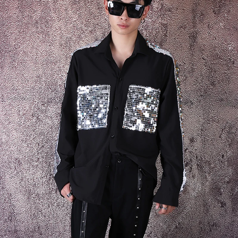 

Male Hip Hop Streetwear Punk Gothic Shirts Men Long Sleeve Sequins Splice Loose Casual Black Shirt Singer Stage Show Costumes