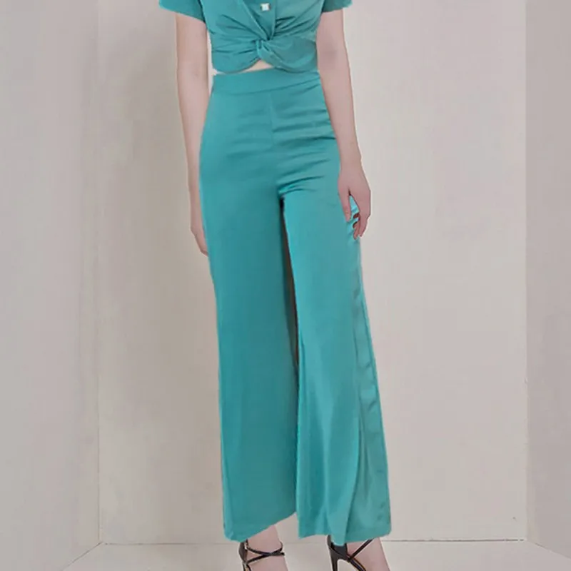 

2020 Summer two Pieces sets Elegant Women solid V-neck short sleeve tops + Wide leg pants 2 Pieces sets