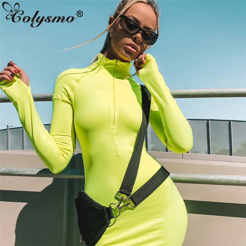 Женское неоновое облегающее платье Colysmo зимнее длинное на молнии с высоким