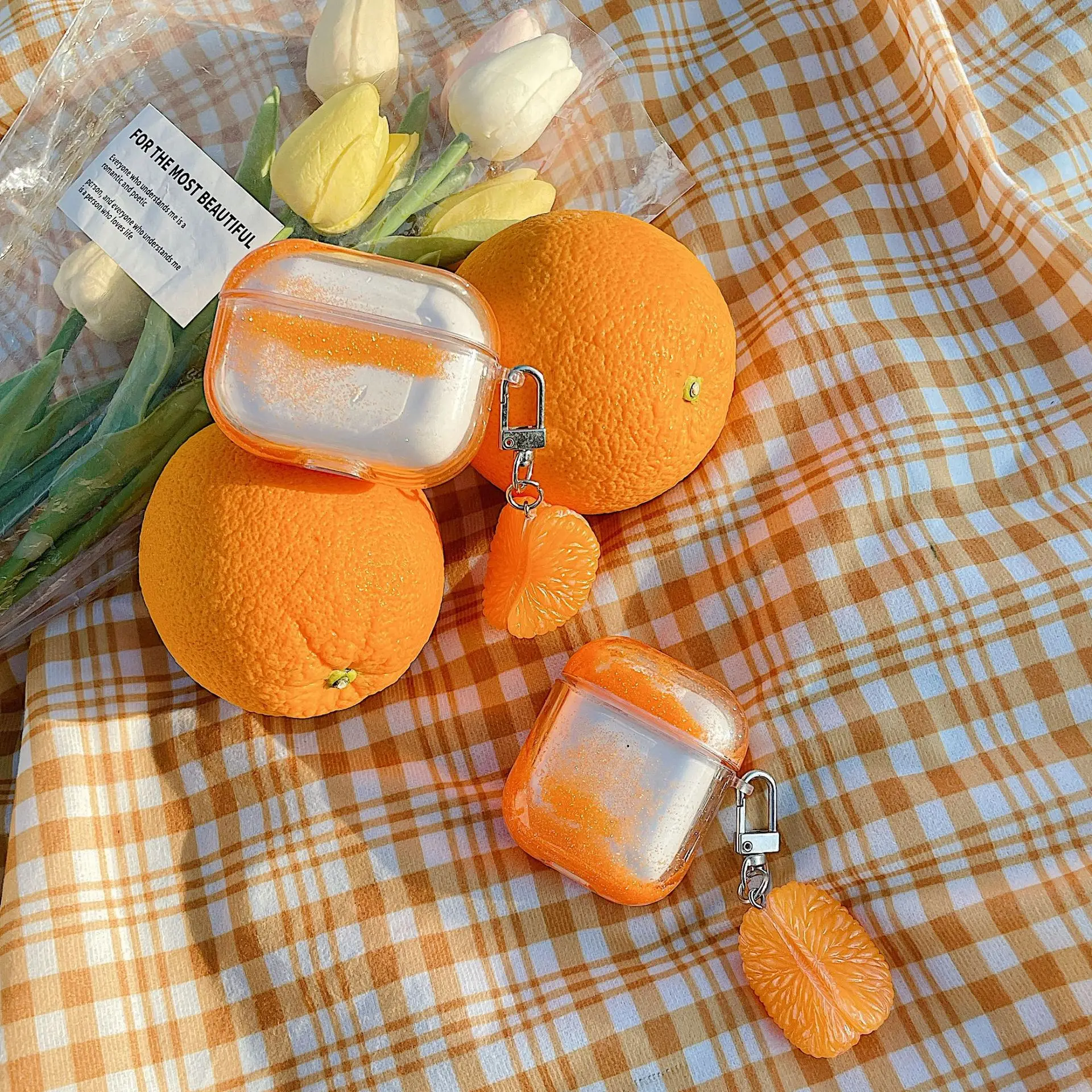 

Dynamic Liquid Case for AirPods Cases Orange Cute Food Clear Glitter Liquid Cover for AirPod 2 Covers Protector for Airpods Pro