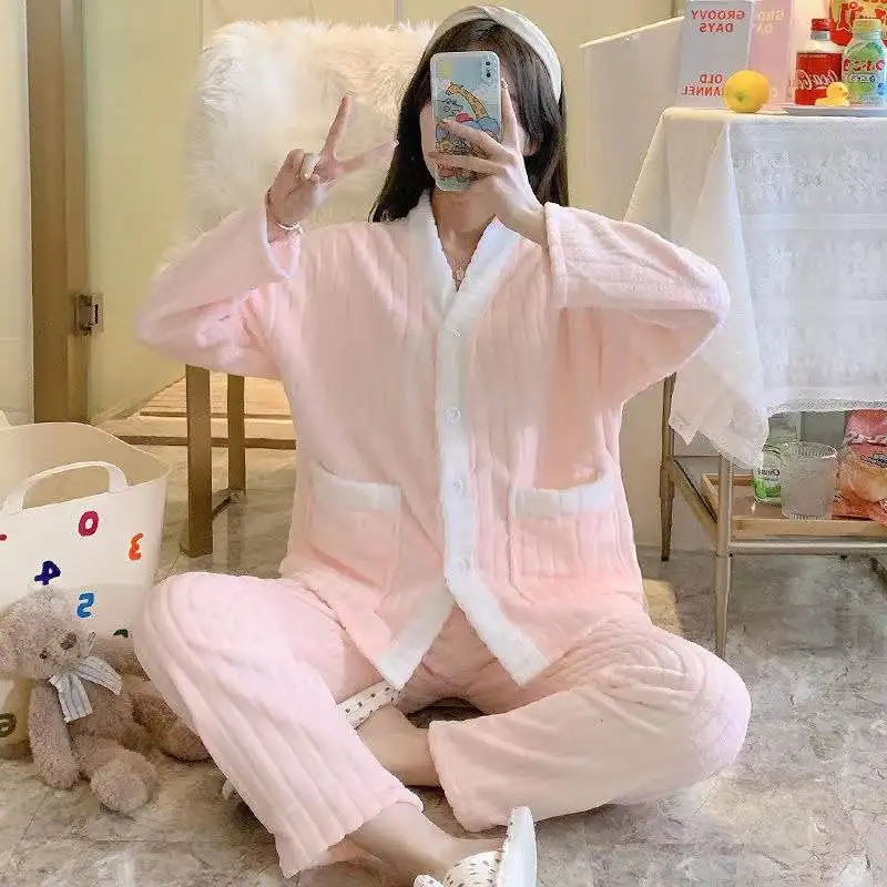 Pajama Set Women Winter Coral Fleece Flannel Sleepwear Flannel Warm 2 Piece /Set Long Sleeve Trousers Loungewear Pijama Homewea
