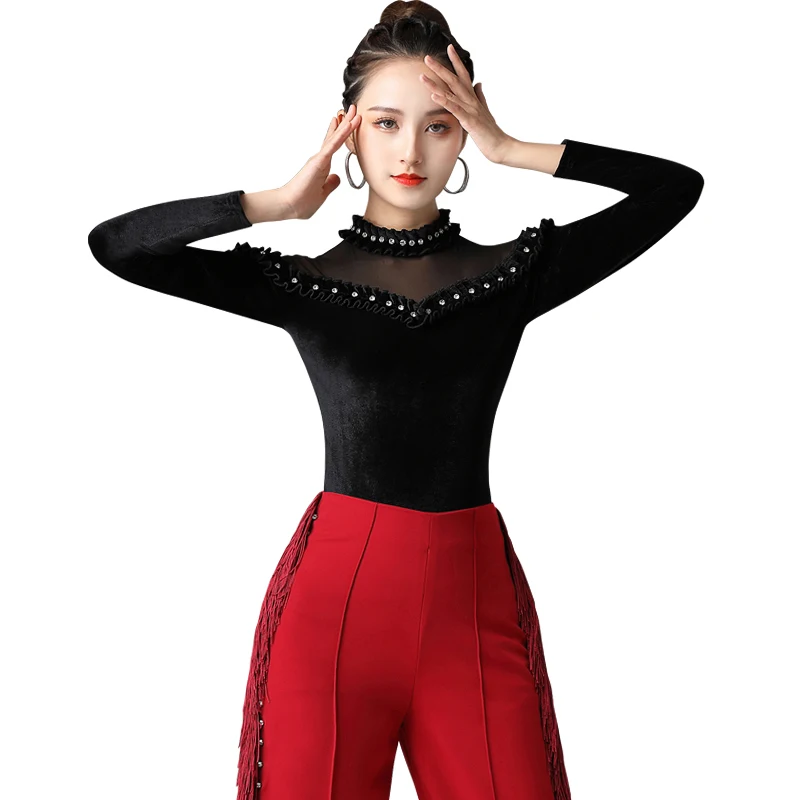 

Modern Ballroom Dance Tops Autumn/Winter Long Sleeve Velvet Rhinestone Latin Dance Practice Clothes Rumba Dance Shirts